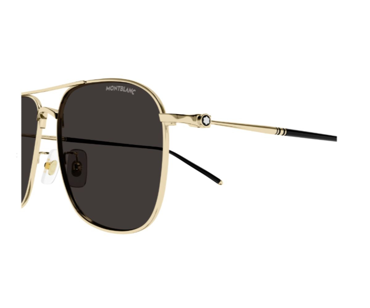 Gold-framed sunglasses with black lenses on a white background