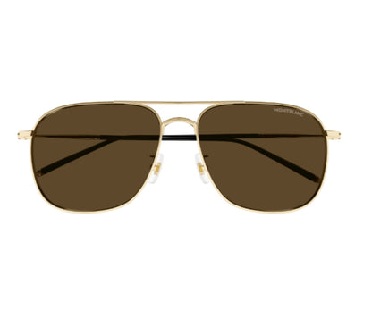Gold-framed sunglasses with brown lenses on a white background