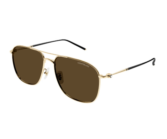 Gold-framed sunglasses with brown lenses on a white background