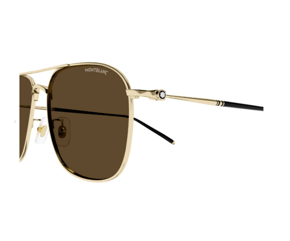 Gold-framed sunglasses with brown lenses on a white background