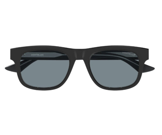 Black sunglasses with reflective lenses on a white background