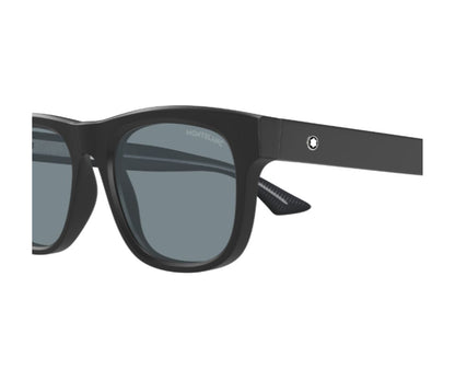 Black sunglasses with a brand logo on a white background