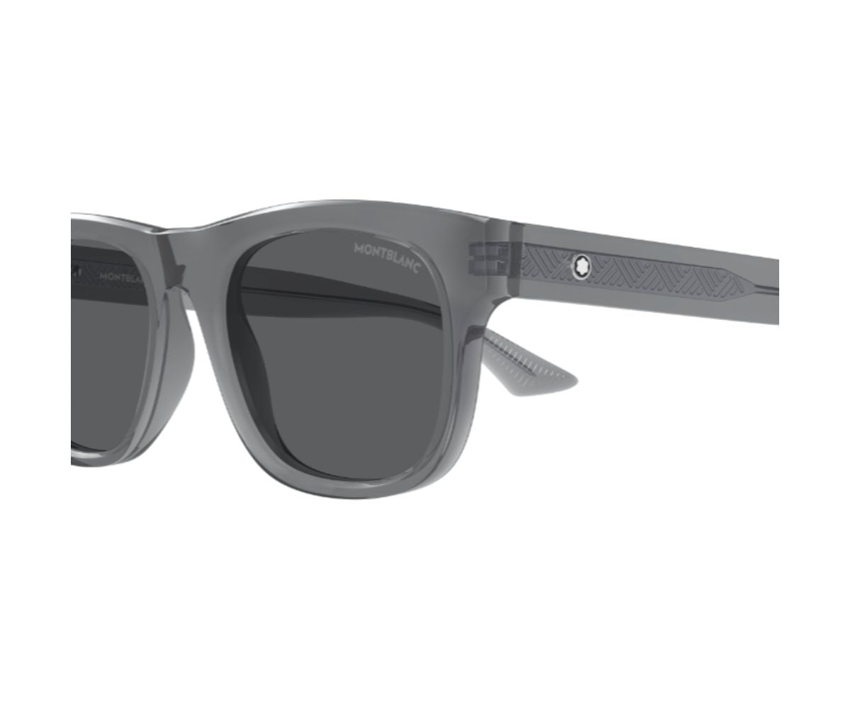 Gray sunglasses with a brand logo on a white background