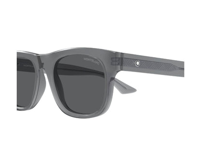 Gray sunglasses with a brand logo on a white background