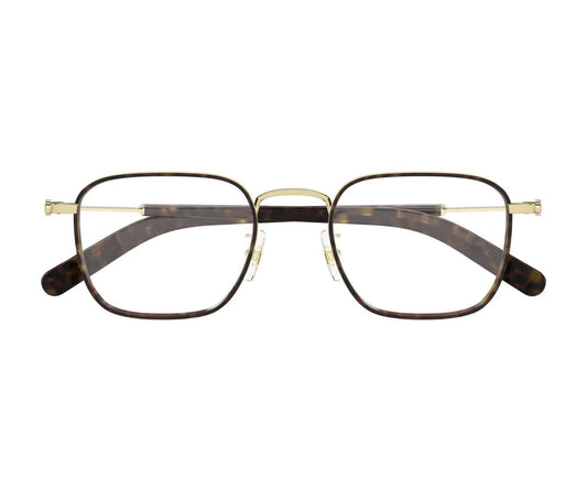 Pair of eyeglasses with gold frame and tortoiseshell arms on a white background