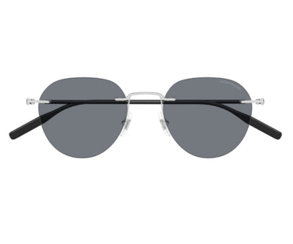 Round sunglasses with dark lenses and black arms on a white background