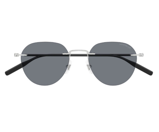 Round sunglasses with dark lenses and black arms on a white background