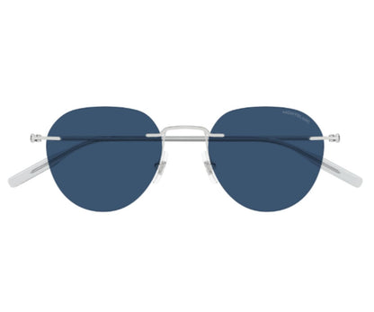Sunglasses with blue lenses and silver frames on a white background