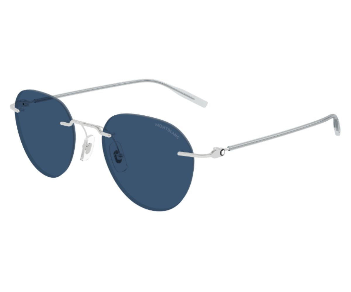 Sunglasses with blue lenses and silver frames on a white background