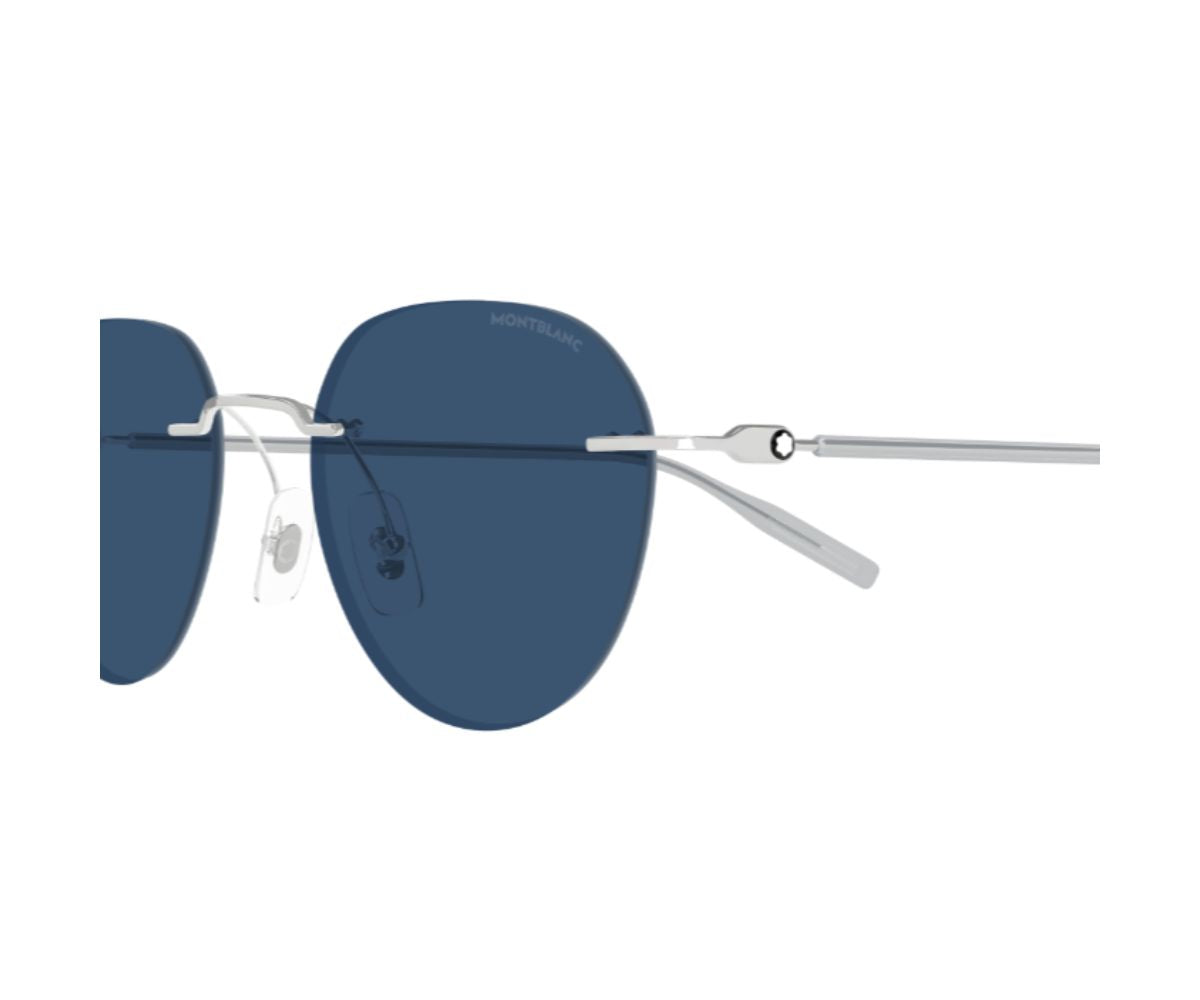 Sunglasses with blue lenses and silver frame on a white background