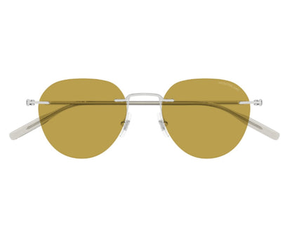 Sunglasses with gold lenses and thin metal frame on a white background