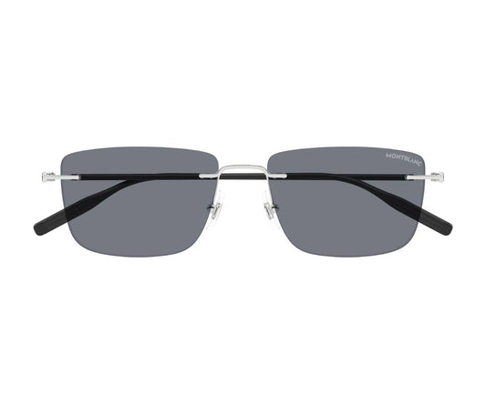 Sunglasses with a thin frame and dark lenses on a white background