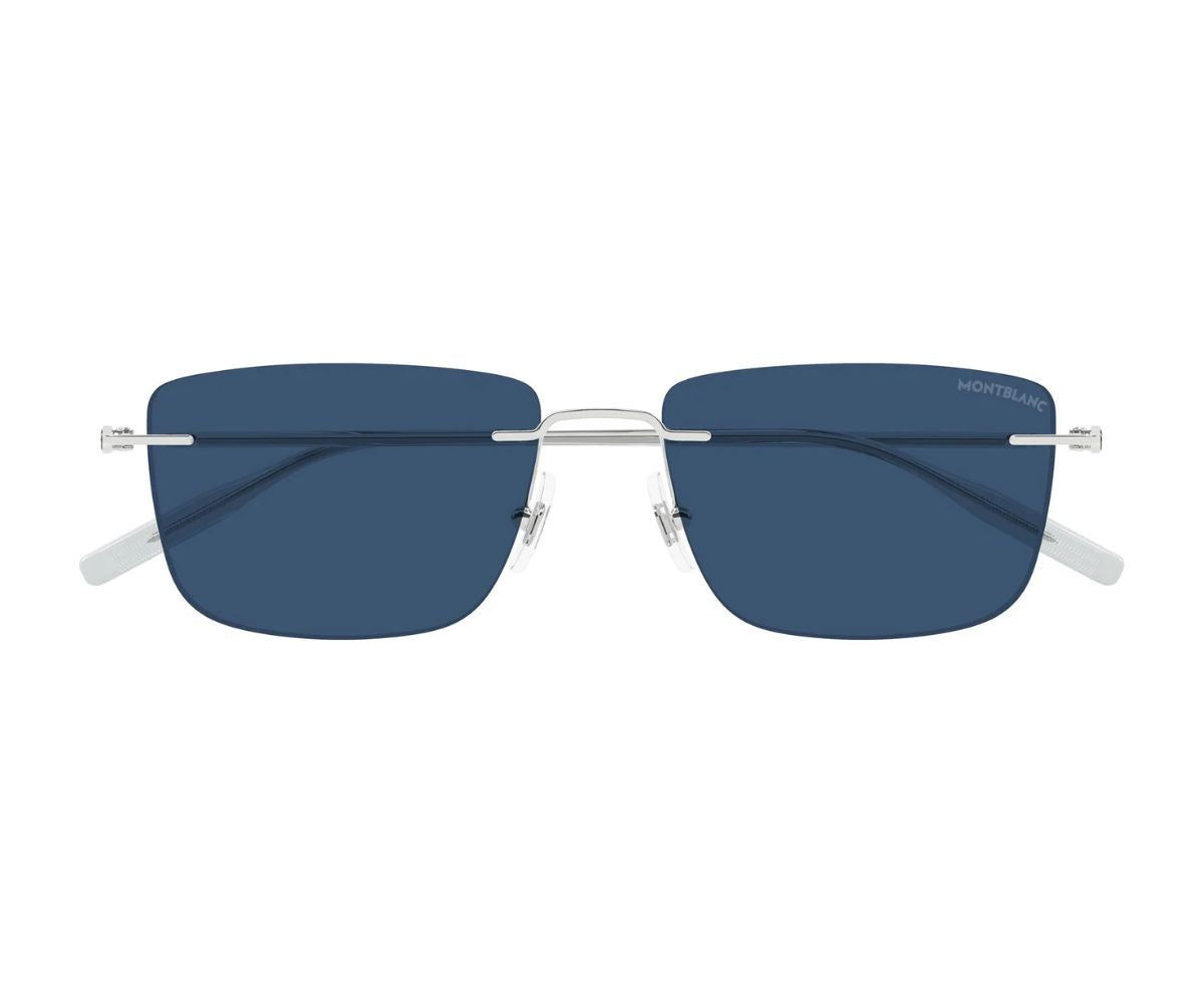 Sunglasses with blue lenses and silver frame on a white background