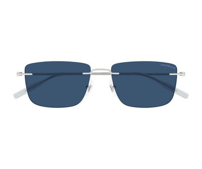 Sunglasses with blue lenses and silver frame on a white background