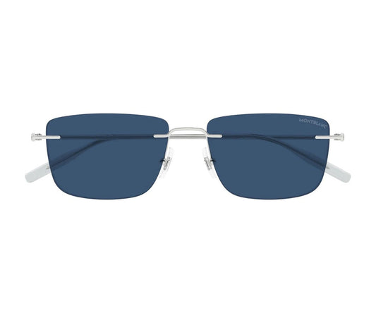 Sunglasses with blue lenses and silver frame on a white background