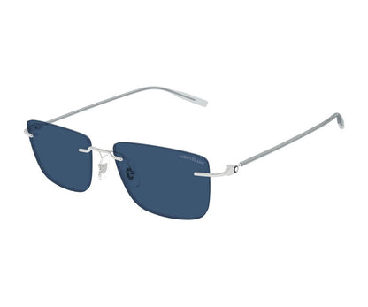 Sunglasses with blue lenses and silver frames on a white background