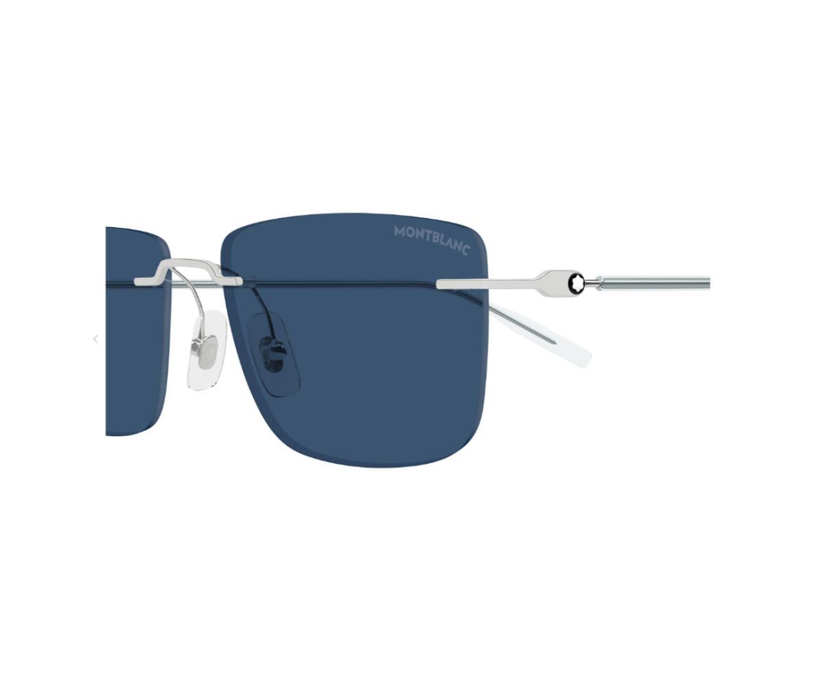 Sunglasses with blue lenses and silver frame on a white background