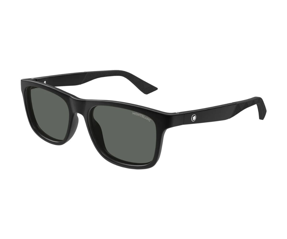 Black sunglasses with a brand logo on a white background