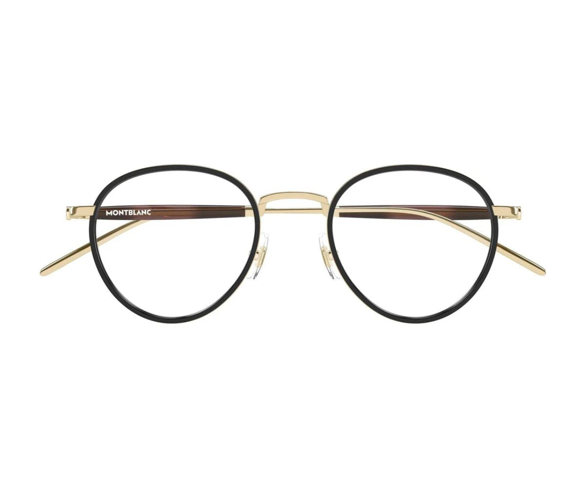 Round eyeglasses with black lenses and gold frame on a white background