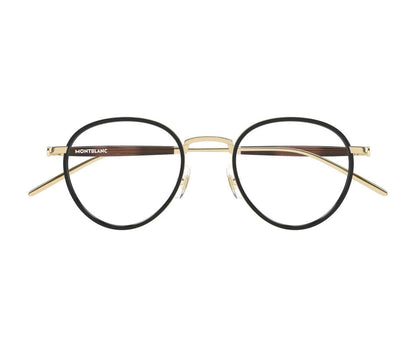 Round eyeglasses with black lenses and gold frame on a white background