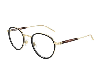 Round eyeglasses with gold and brown frame on a white background