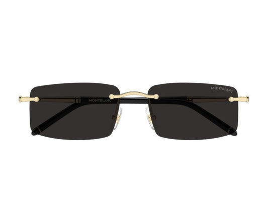 Sunglasses with gold frame and black lenses on a white background