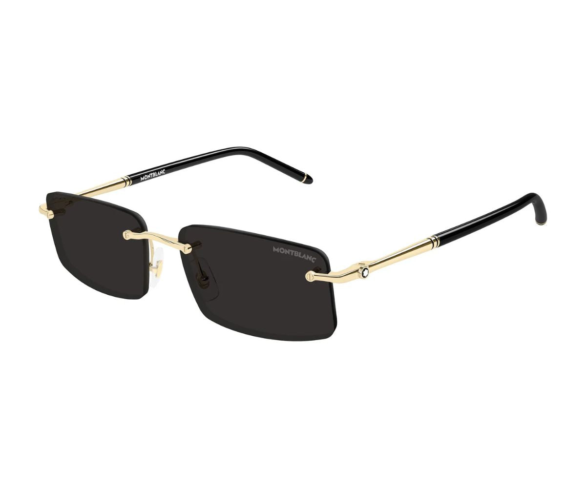 Sunglasses with gold frames and black lenses on a white background