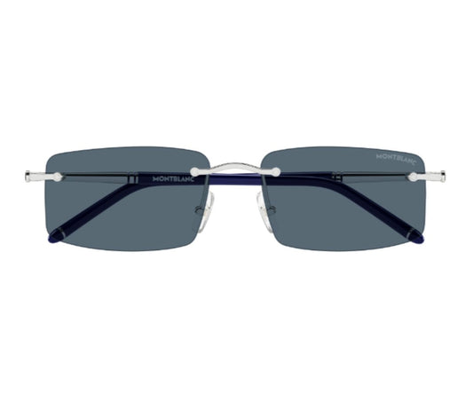 Sunglasses with dark lenses and silver frames on a white background