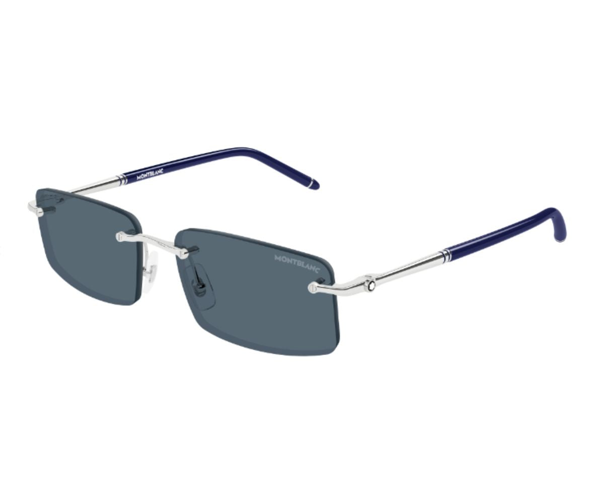 Sunglasses with blue frames and dark lenses on a white background