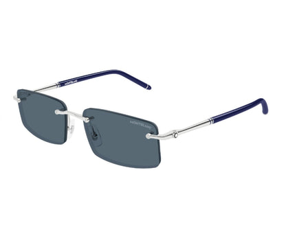 Sunglasses with blue frames and dark lenses on a white background