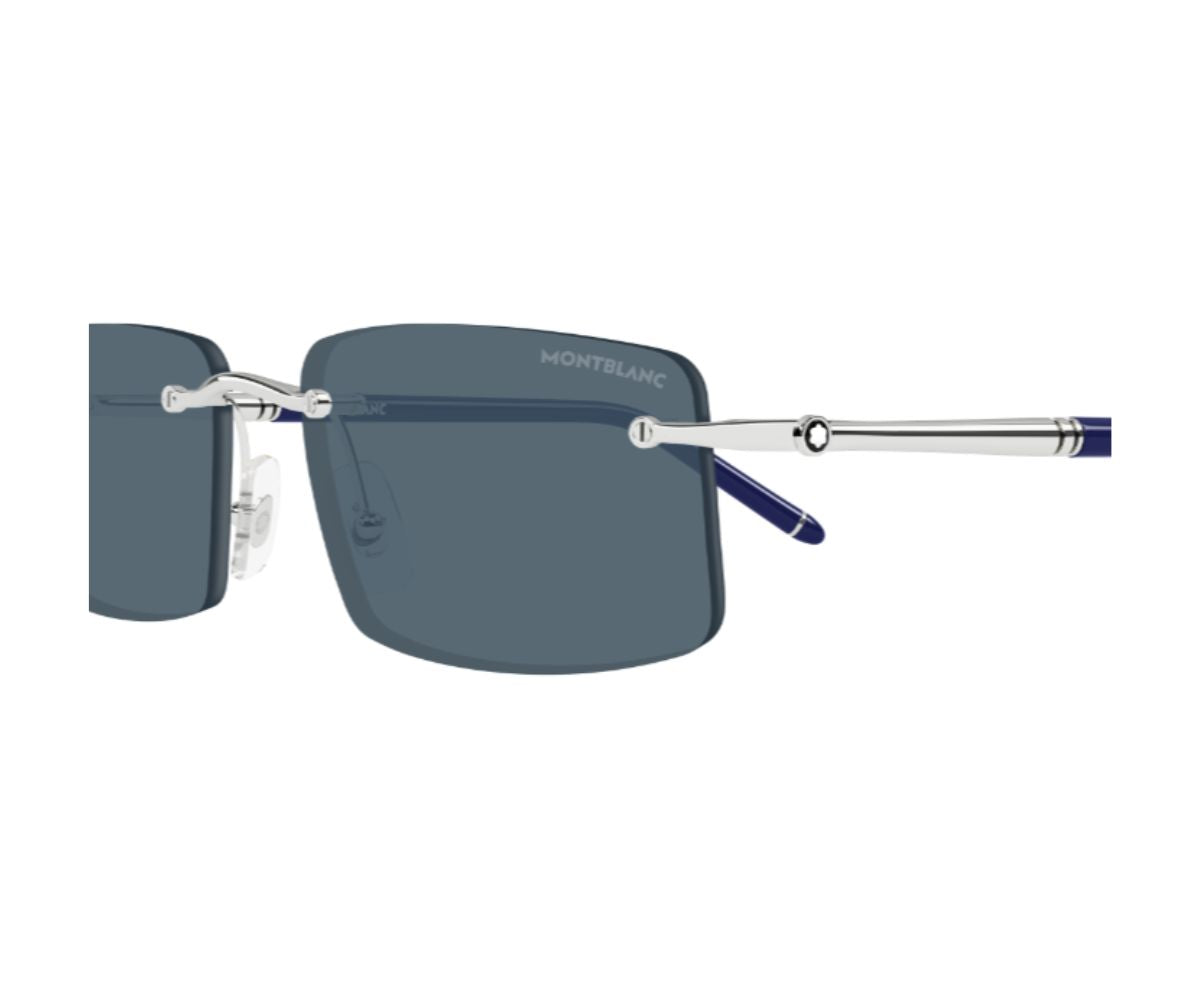 Sunglasses with blue lenses and silver frames on a white background