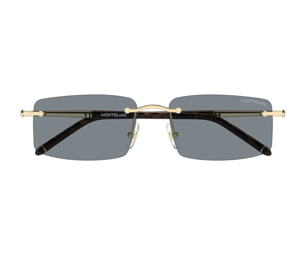 Sunglasses with gold frame and dark lenses on a white background
