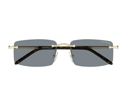 Sunglasses with gold frame and dark lenses on a white background