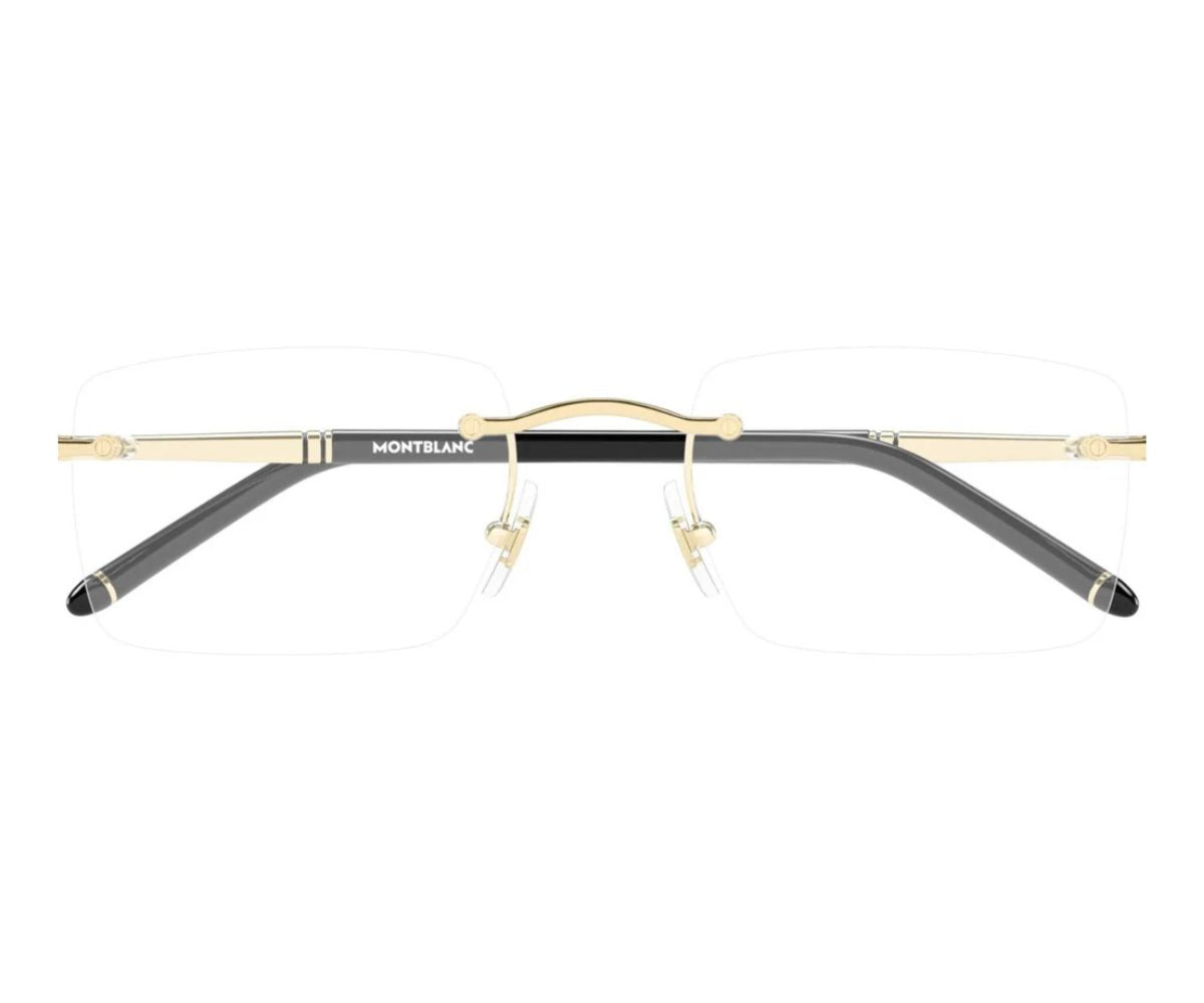 Montblanc eyeglasses with gold and black frame on a white background