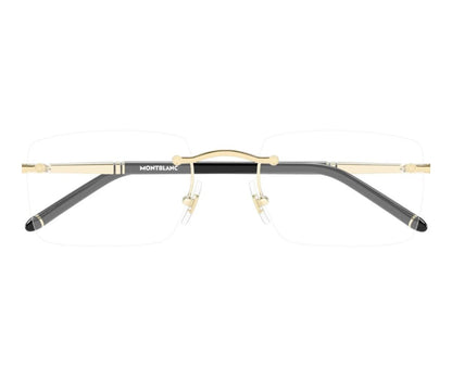 Montblanc eyeglasses with gold and black frame on a white background