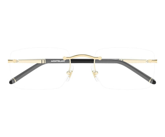 Montblanc eyeglasses with gold and black frame on a white background