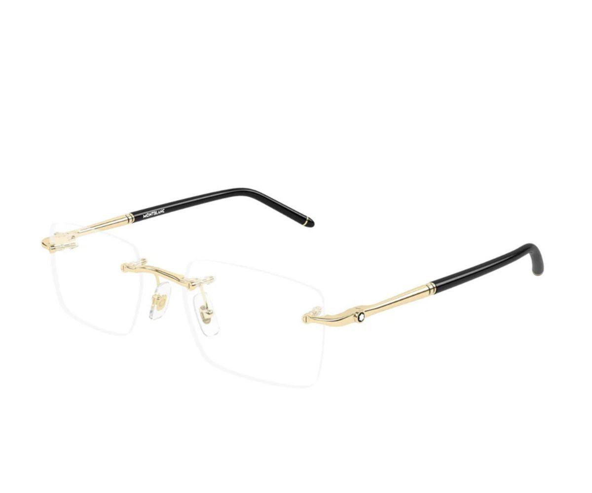 Pair of eyeglasses with gold and black frames on a white background