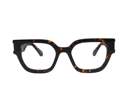Black tortoiseshell eyeglasses on a white background