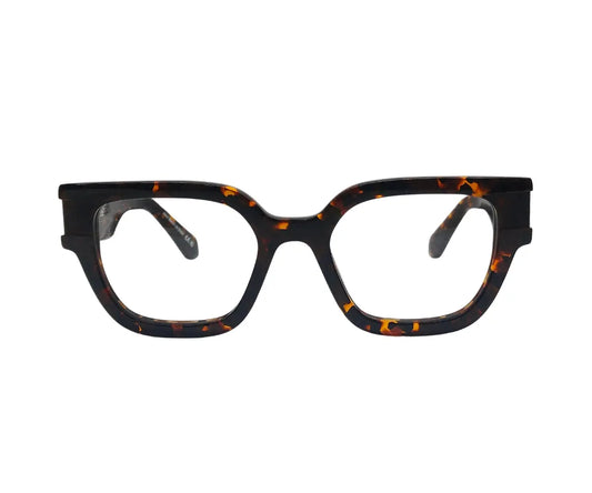 Black tortoiseshell eyeglasses on a white background