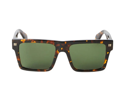 Sunglasses with tortoiseshell frame and green lenses on a white background