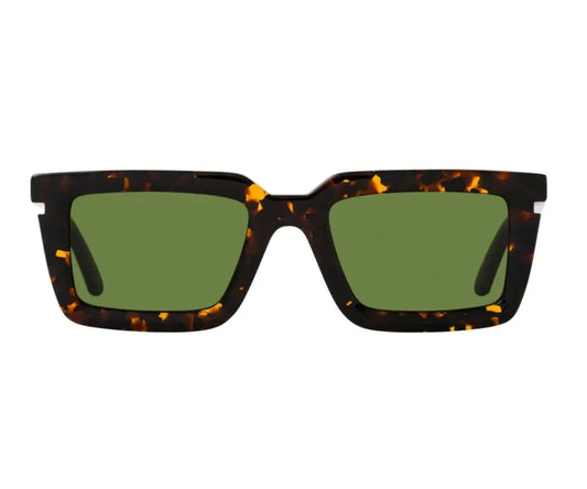 Sunglasses with tortoiseshell frame and green lenses on a white background