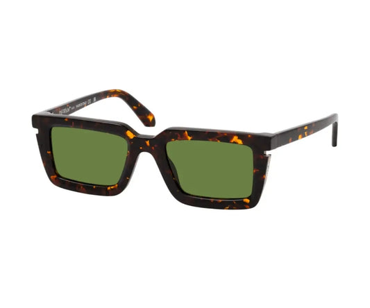 Sunglasses with tortoiseshell frame and green lenses on a white background