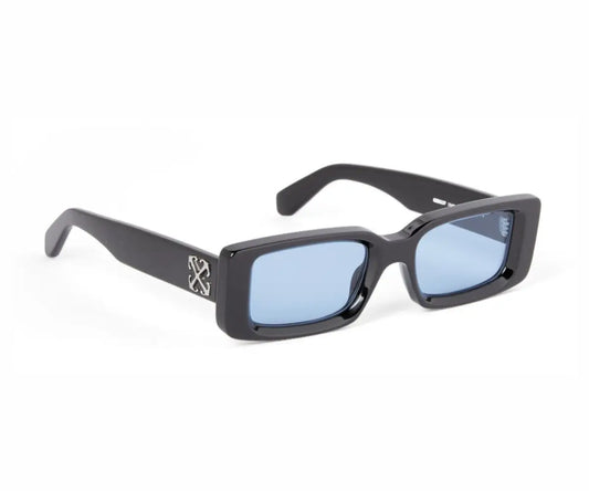 Black sunglasses with blue lenses on a white background