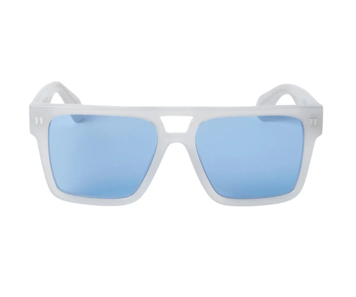 Sunglasses with white frame and blue lenses on a white background