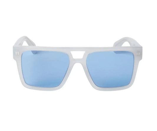 Sunglasses with white frame and blue lenses on a white background