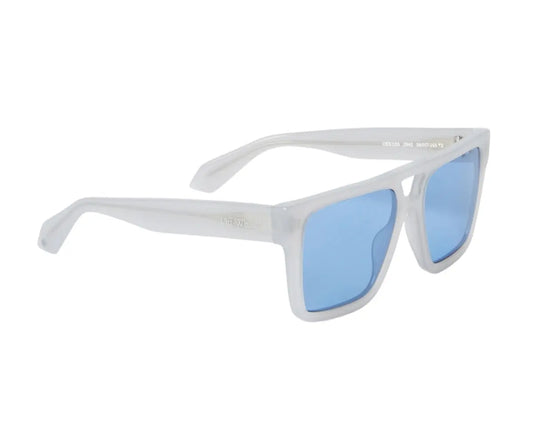 White sunglasses with blue lenses on a white background