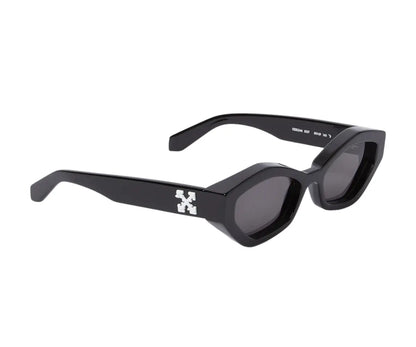 Black sunglasses with a brand logo on a white background