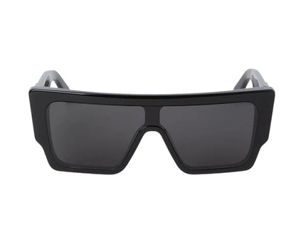 Black sunglasses with a wide frame on a white background