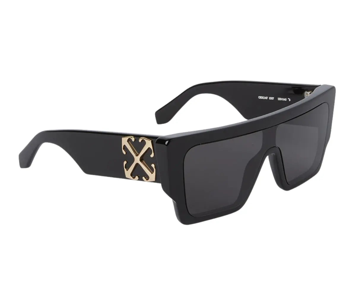 Black sunglasses with gold logo on a white background