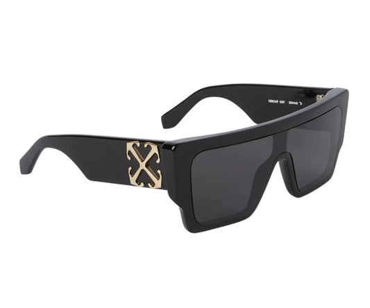 Black sunglasses with gold logo on a white background